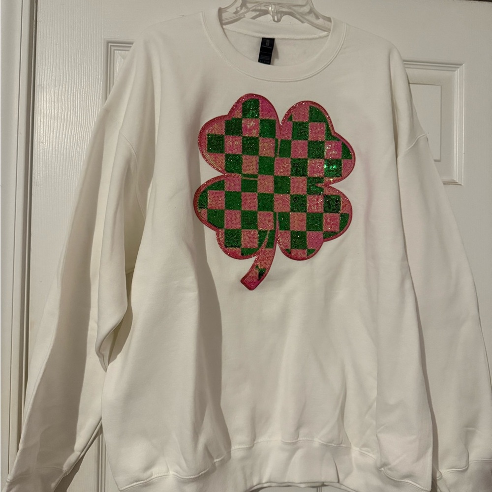 Gildan White Sweatshirt with Pink and Green Sequin Shamrock Design